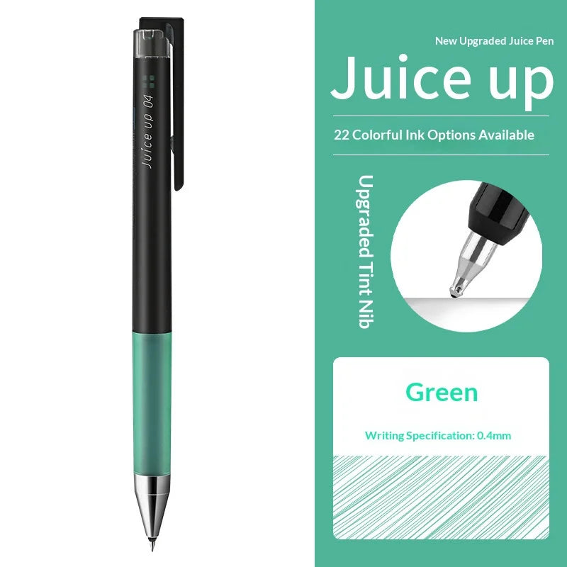 A black and green Pilot Juice Up fine point gel pen is shown with a green ink option.