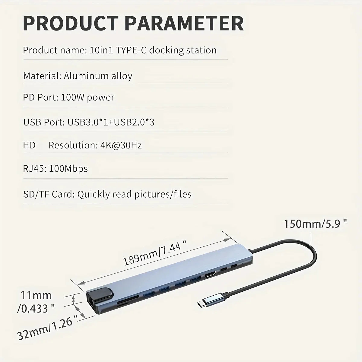 A silver aluminum alloy 10-in-1 Type-C docking station with various ports and a flexible cable.