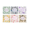 A set of nine vintage floral square scrapbook papers featuring various themes like oxygen dense, sea rain, purple whisper, an