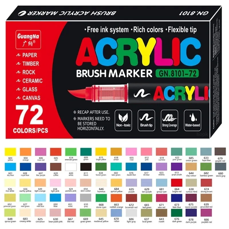 Box of GN.8101-72 acrylic brush markers featuring 72 colors per pack.