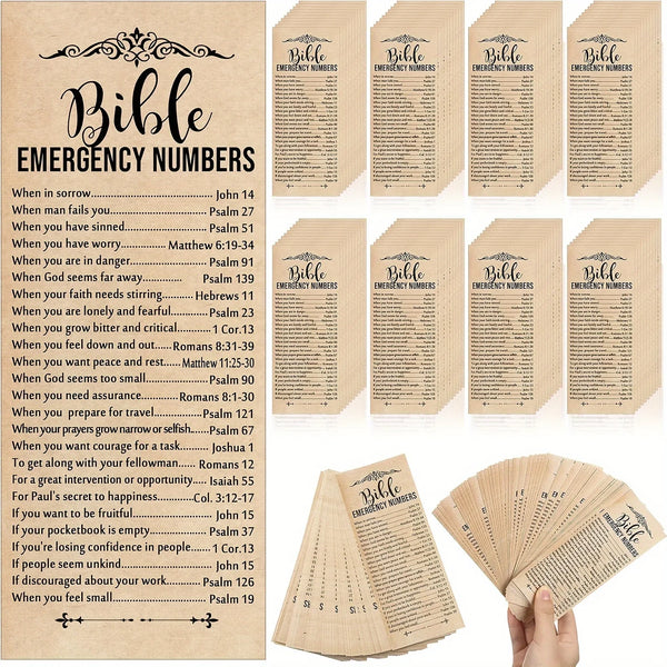 Ein Set von zehn dekorativen Bibel-Notfallnummer-Lesezeichen in beige und braunen Tönen.