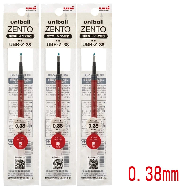 Three packs of UniBall ZENTO pens in UBR-Z-38, UBR-Z-38, and UBR-Z-38, showing the pen tips and specifications.