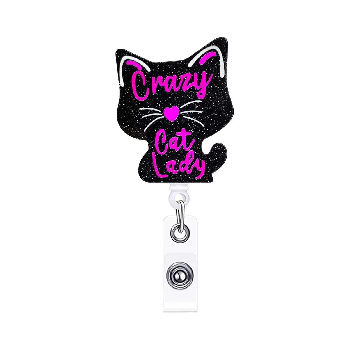 A black silhouette cat design with pink text reading Crazy Cat Lady on a retractable badge reel.