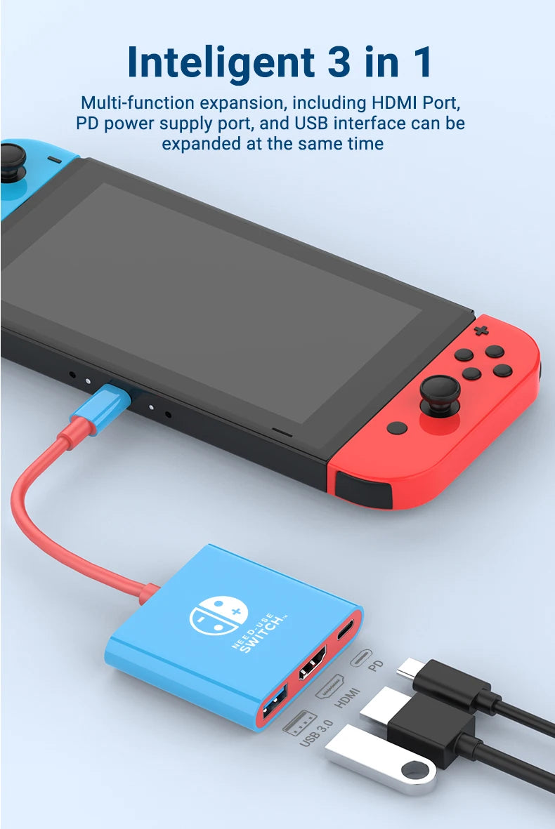 A multi-function expansion hub with an HDMI port, PD power supply port, and USB interface connected to a device.