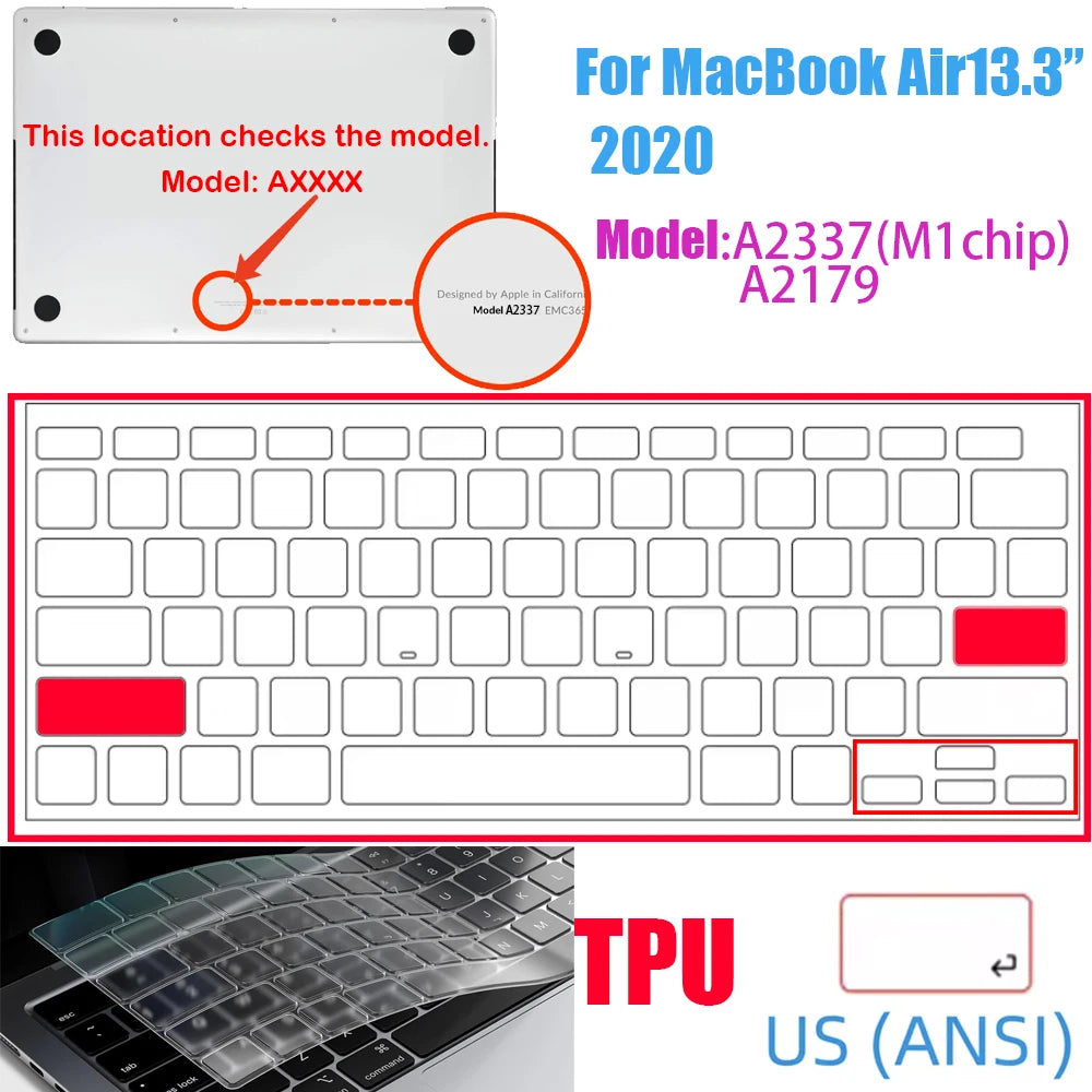 A close-up view of an ultra-thin TPU keyboard cover for a MacBook, showing the layout and design.