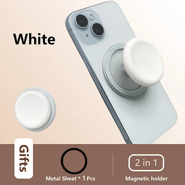 White 360 degree magnetic phone grip stand with silicone cover shown on a smartphone.