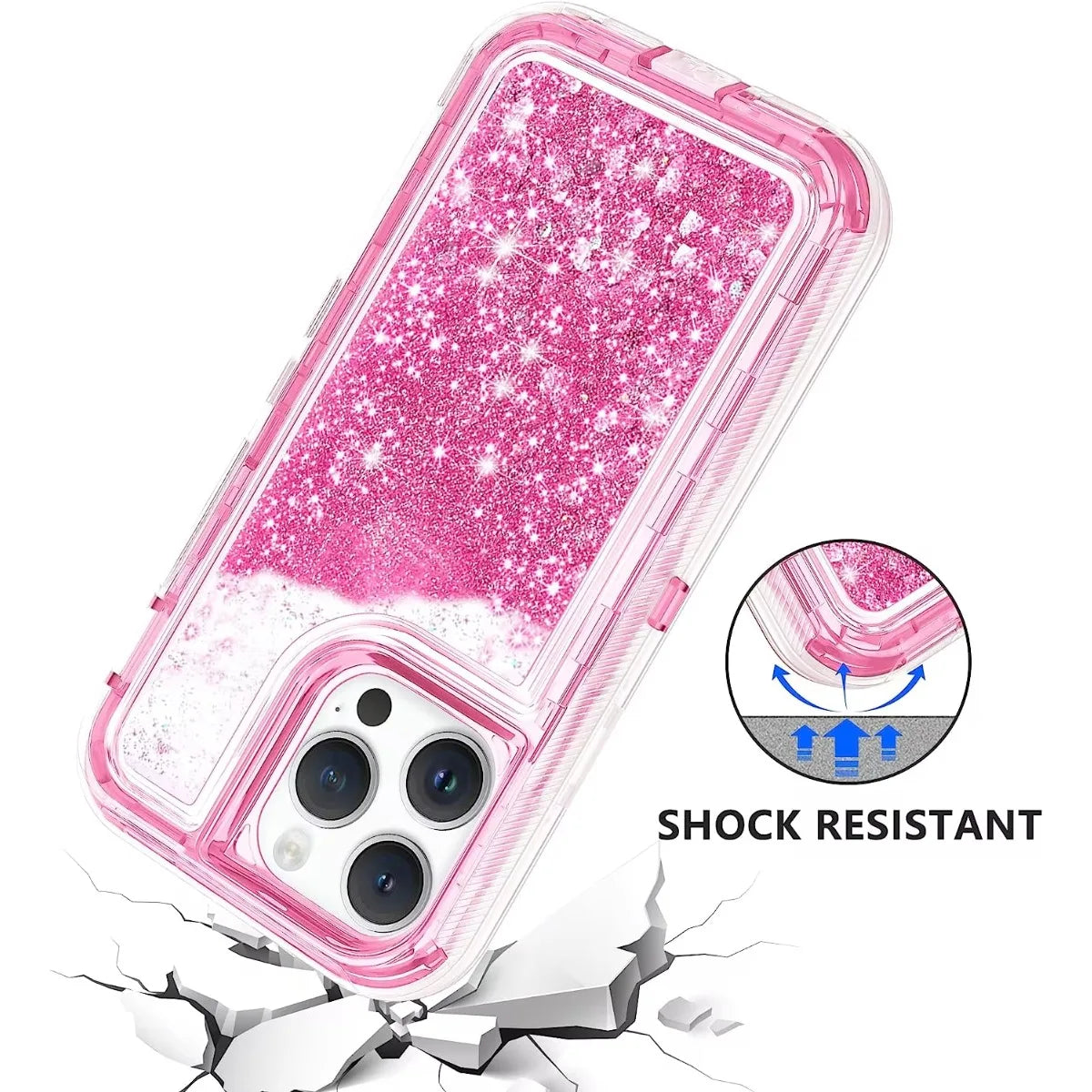 A pink glitter liquid phone case with a clear back and shock resistant features shown next to broken glass.