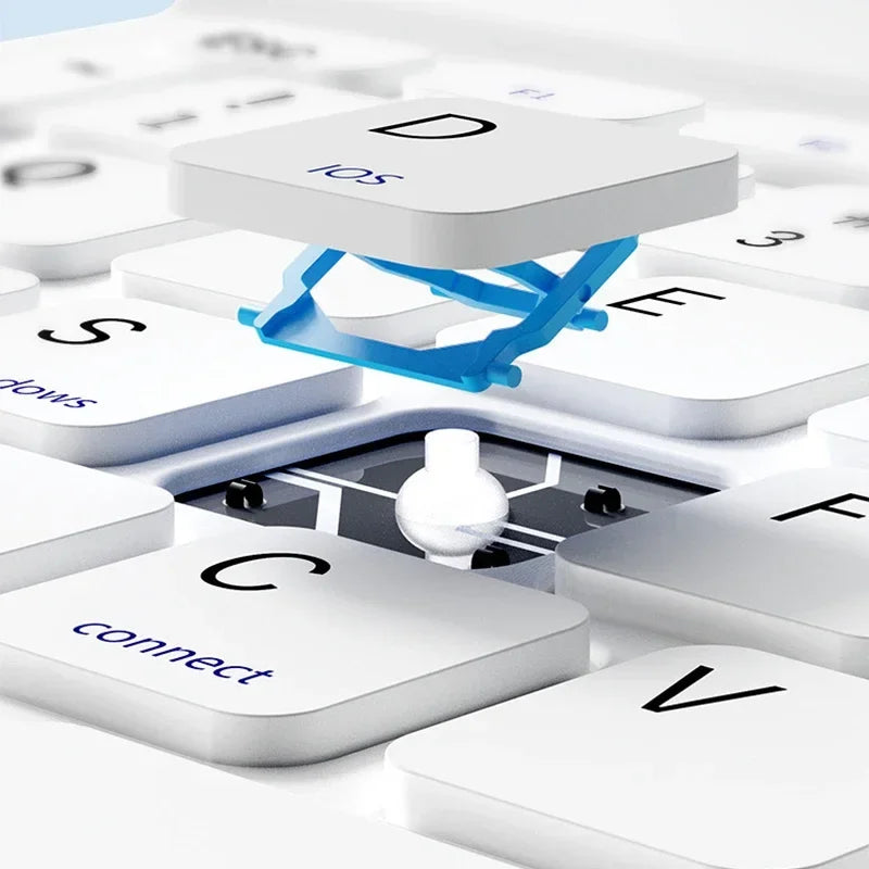 A close-up view of a magnetic keyboard case for an iPad Pro showing several white keycaps and a blue magnetic connector.