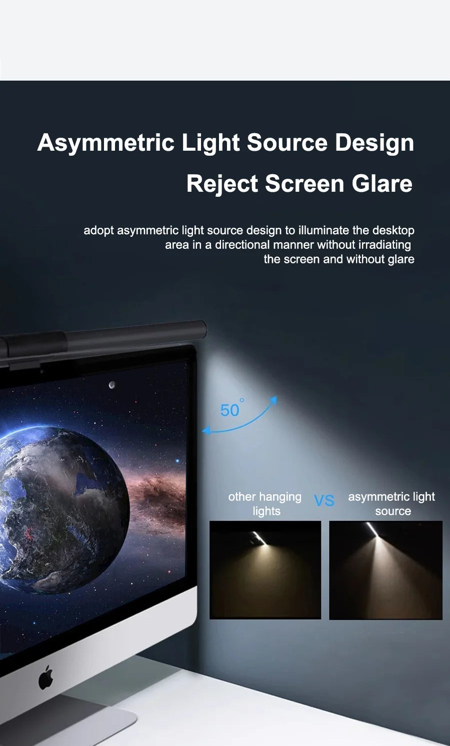 A close-up of a laptop screen with an asymmetric light source design illuminating the desktop area.