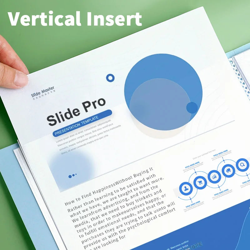 A presentation template titled Slide Pro is shown on an A4 document, featuring a blue circular graphic.