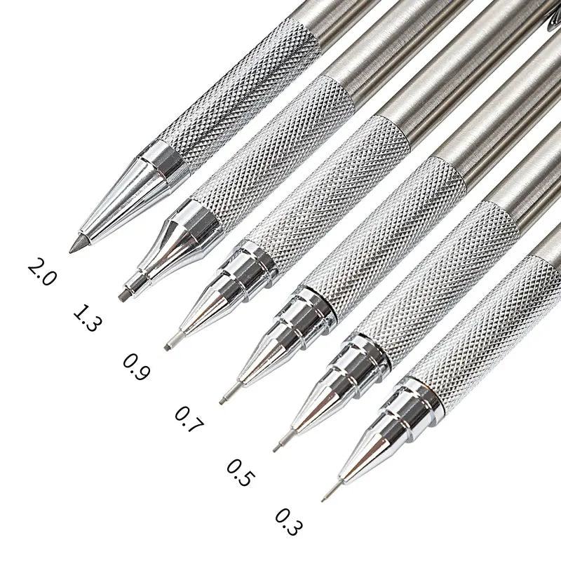 A set of precision mechanical pencils showing a range of diameters from 2.0 to 0.3 mm.