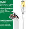 كابل إيثرنت RJ45 من فئة Cat8 مع موصل مطلي بالذهب ودرع من ورق الألومنيوم، في غلاف أبيض.