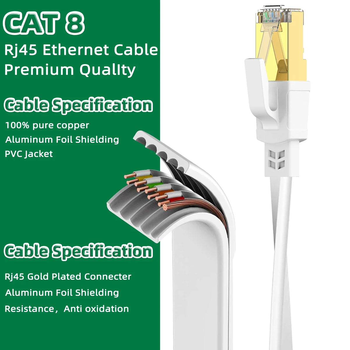 كابل إيثرنت RJ45 من فئة Cat8 مع موصل مطلي بالذهب ودرع من ورق الألومنيوم، في غلاف أبيض.