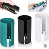 A portable mini paper cutting machine shown in black and teal, with various components and usage examples.