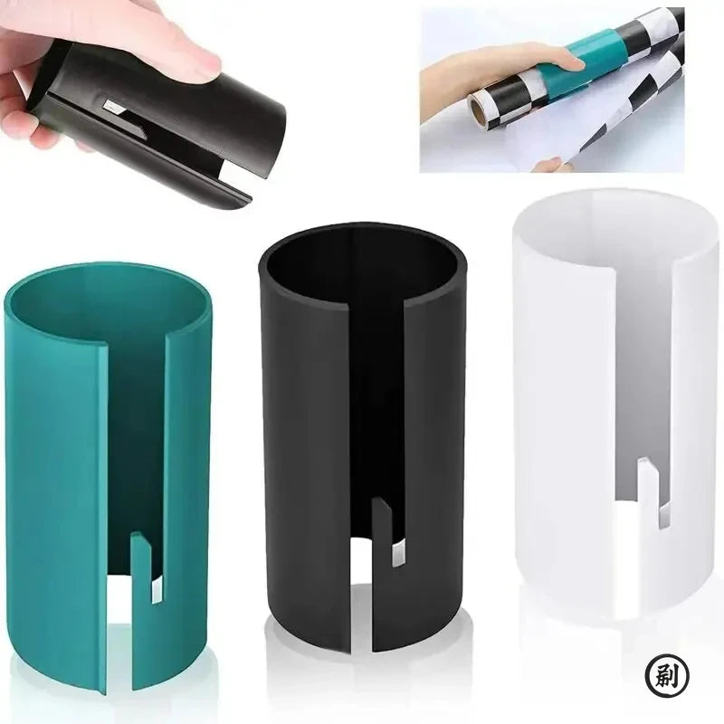 A portable mini paper cutting machine shown in black and teal, with various components and usage examples.
