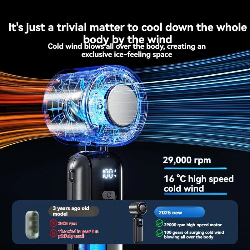 A handheld high-speed cooling fan demonstrating cold wind blowing over the body.