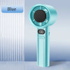 A teal handheld bladeless cooling fan with a black grille and digital display showing 100.