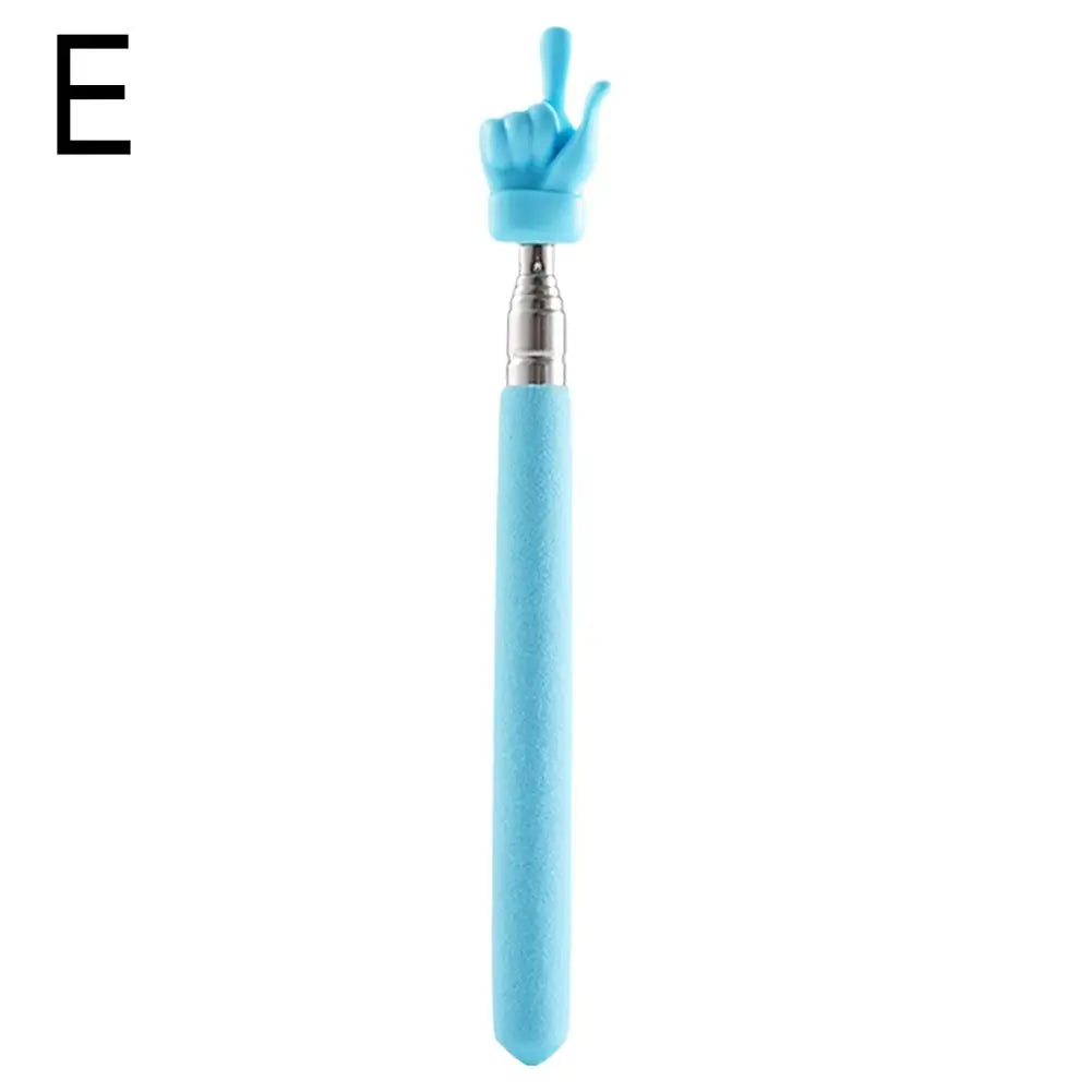 A light blue retractable hand pointer stick with a silver tip and a blue body.