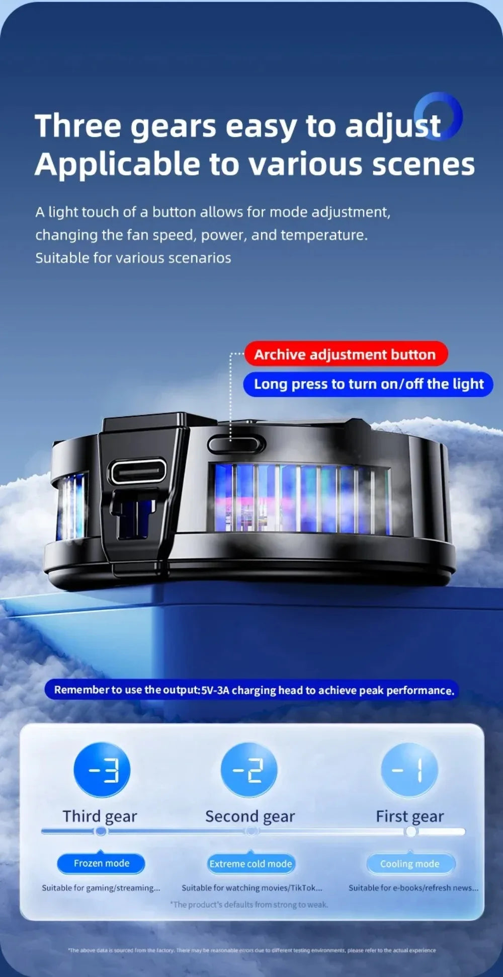 A black magnetic phone cooler with an adjustment button and RGB lighting displayed against a snowy background.