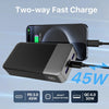 A black portable power bank with a two-way fast charge feature is shown next to a smartphone.