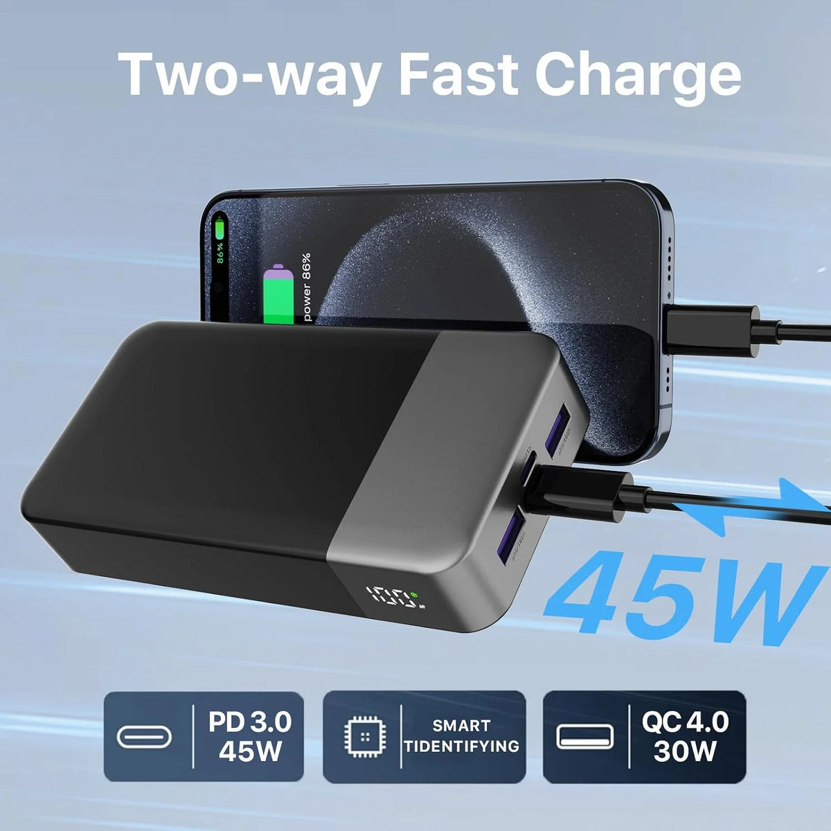 A black portable power bank with a two-way fast charge feature is shown next to a smartphone.