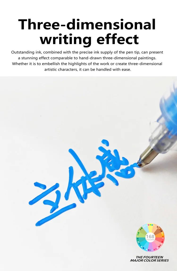 A close-up of a hand writing Korean characters with a blue high-gloss acrylic marker pen on white paper.