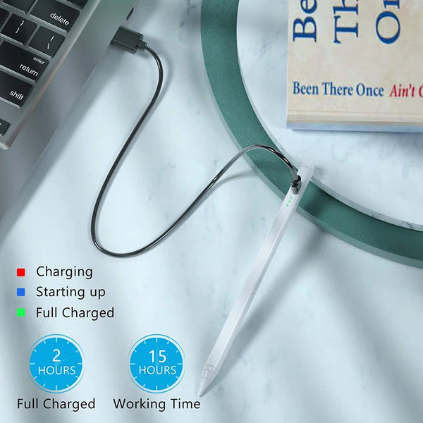 A clear stylus pen is shown next to a laptop and a book, illustrating charging time and working time.