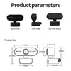 Diagrams showing the positive, side, and back views of an HD webcam product and its physical dimensions.