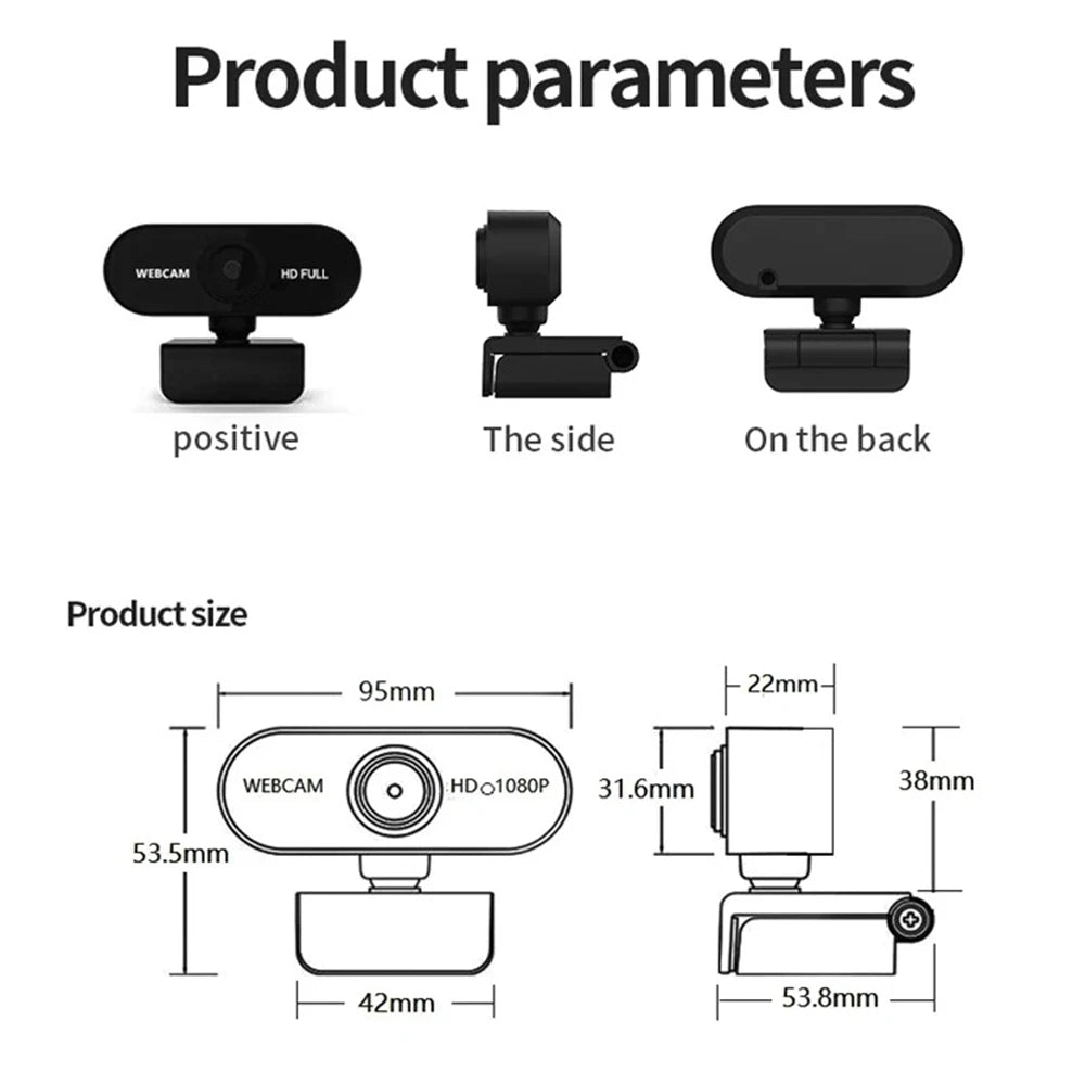 Diagrams showing the positive, side, and back views of an HD webcam product and its physical dimensions.