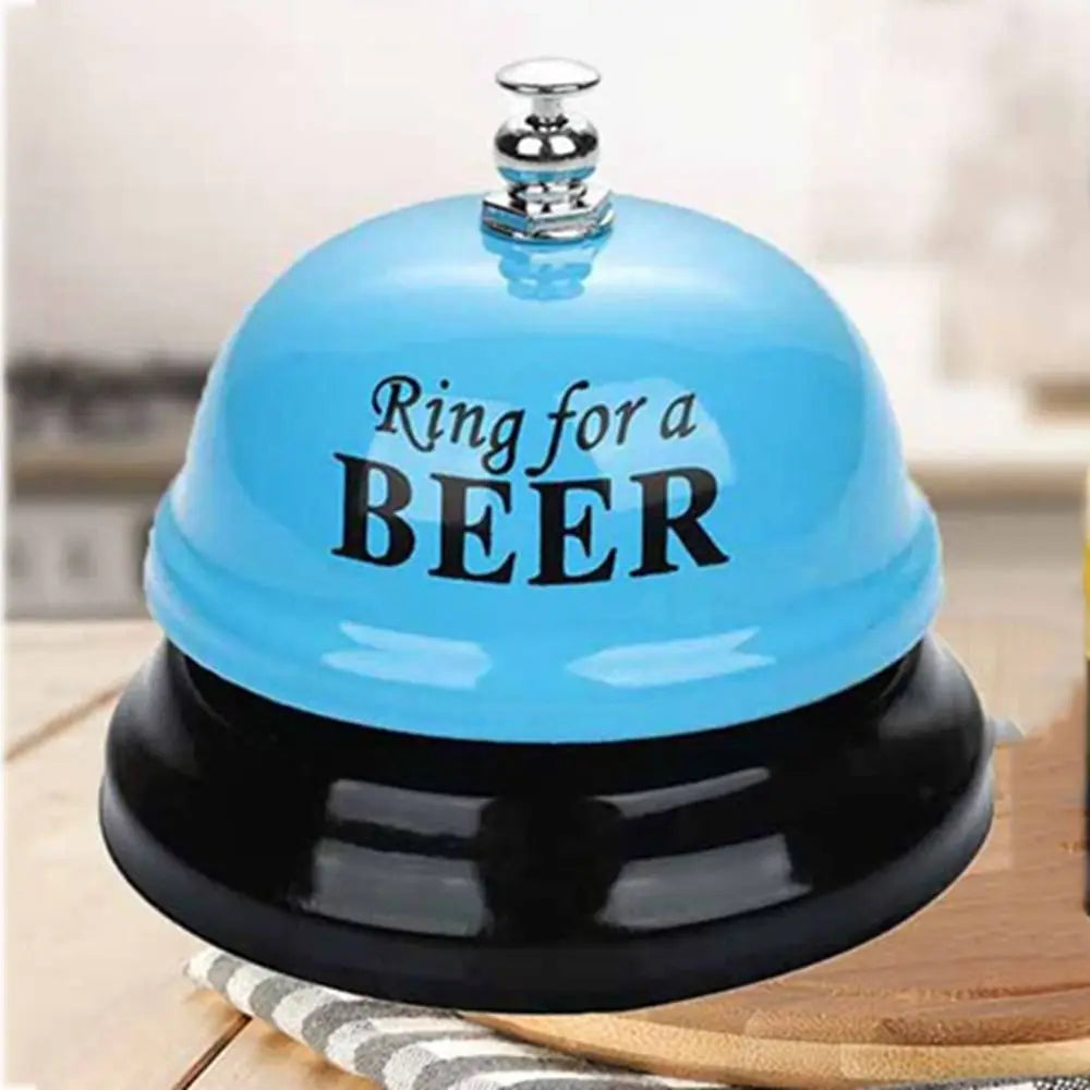 A blue and black metal service bell with a stopper, designed for a desk or counter.
