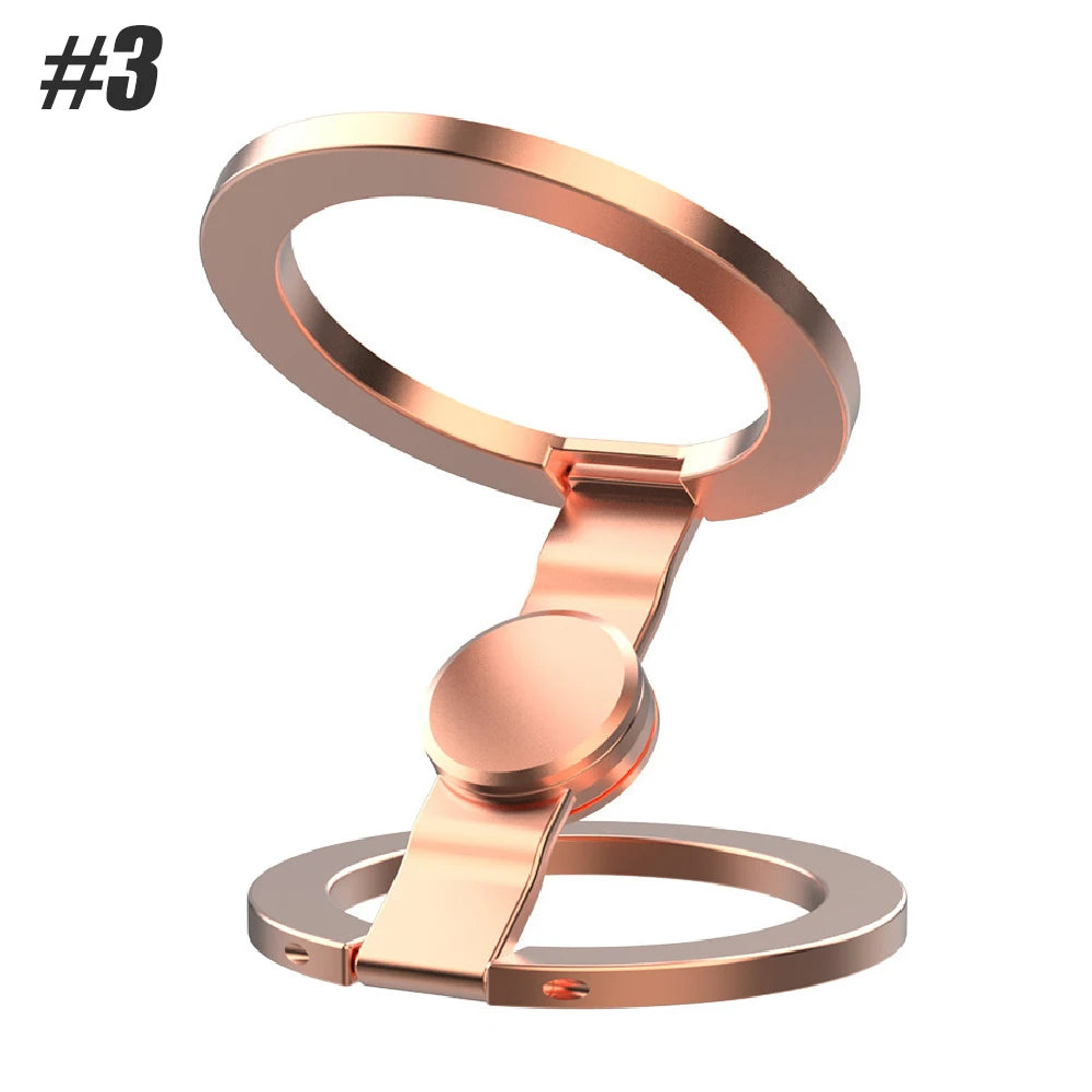 A rose gold magnetic foldable phone stand with a fidget spinner component.