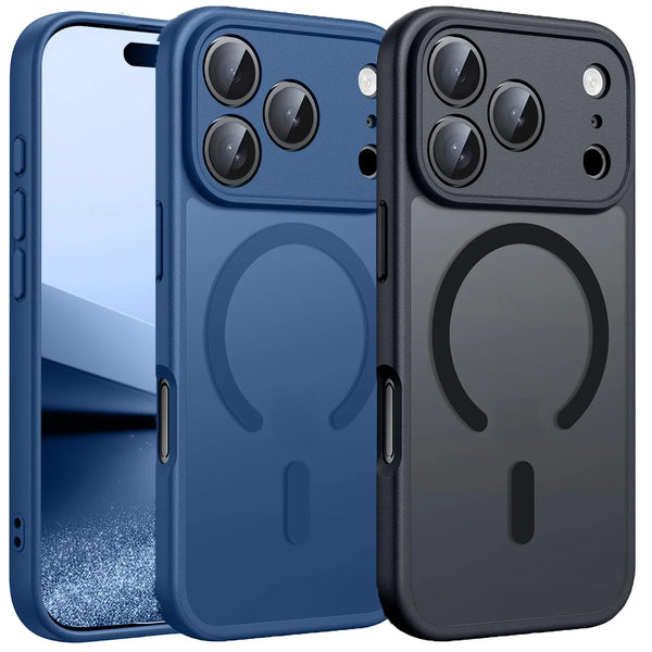 A dark blue magnetic wireless charging lens protector case for an iPhone shown in three views.