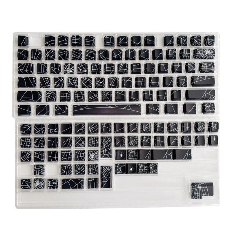 A translucent cherry mechanical keyboard featuring black keycaps and white legends.