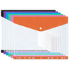 A pack of six orange and colored A4 plastic expanding file envelopes with snap buttons.