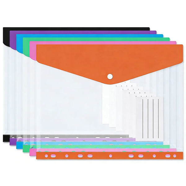 A pack of six orange and colored A4 plastic expanding file envelopes with snap buttons.