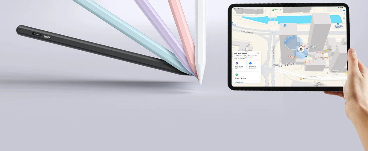 A black precision stylus pen is shown alongside a light-colored Apple iPad displaying a map application.