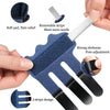 A hand holds a blue adjustable finger splint designed for pain relief and support, showing removable strips and a soft pad.