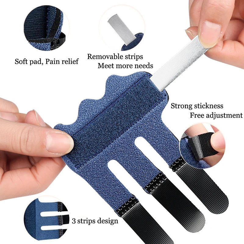 A hand holds a blue adjustable finger splint designed for pain relief and support, showing removable strips and a soft pad.