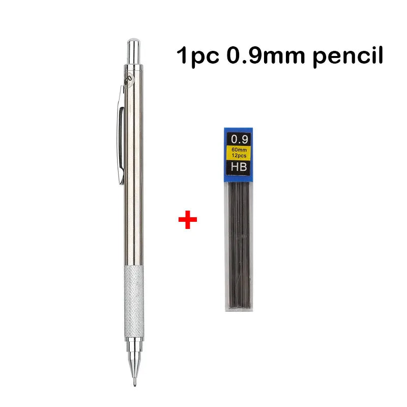 A single 0.9mm HB mechanical pencil with a metal body and graphite lead is shown next to a box labeled 0.9mm 60mm 12pcs HB.