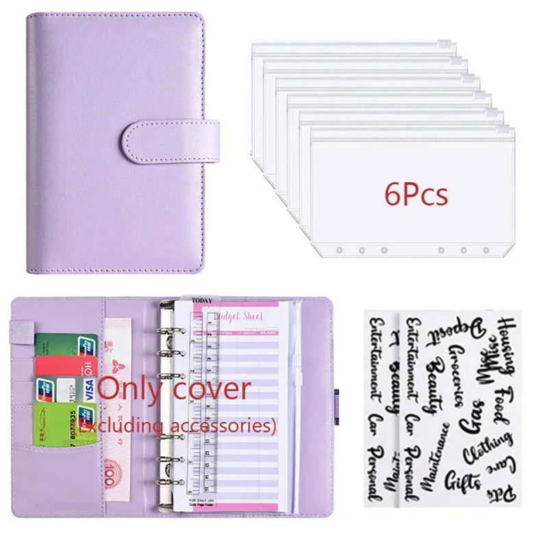 A purple A6 budget planner with a leather cover and envelope system shown alongside multiple sheets.