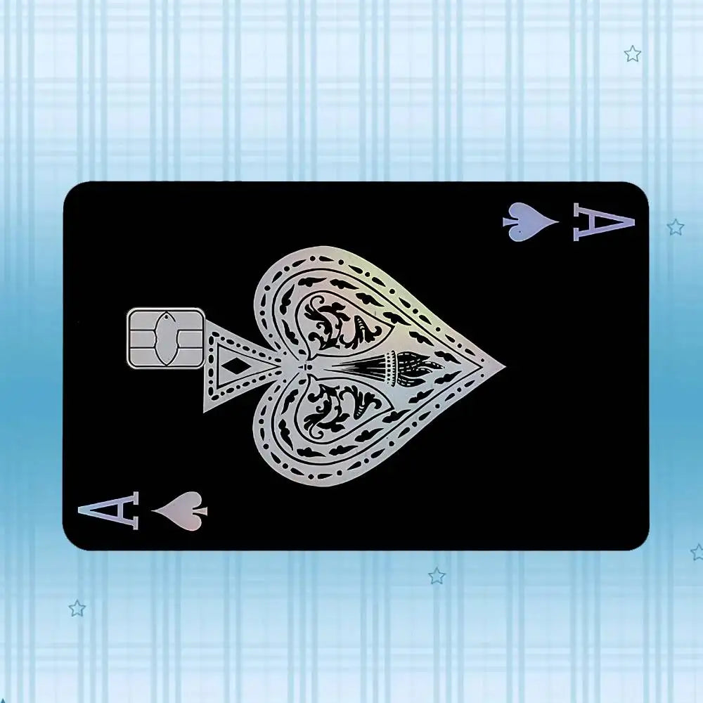A black card featuring a decorative design with an 'A' and a heart symbol.