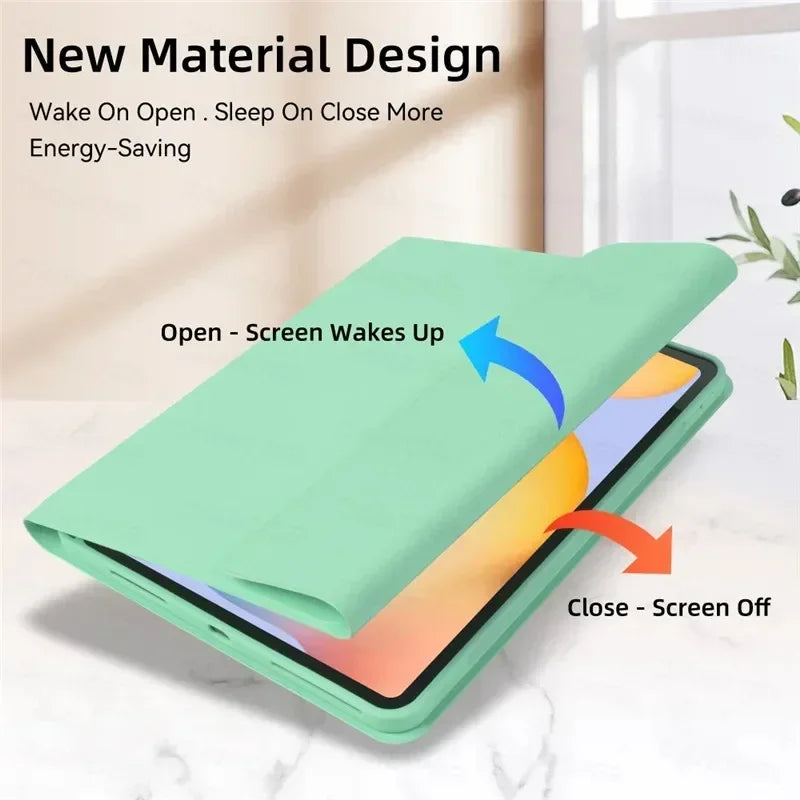Helles grünes magnetisches Leder-Keyboard-Case für iPad, das den Unterschied zwischen geöffnetem und geschlossenem Bildschirm