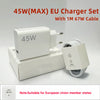 A white 45W EU charger set with a 1M 67W cable is shown on a box.