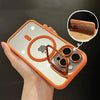 An orange magnetic shockproof phone case for an iPhone is shown, highlighting a camera module.