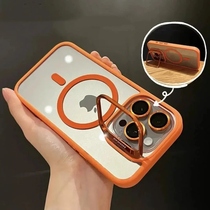 An orange magnetic shockproof phone case for an iPhone is shown, highlighting a camera module.