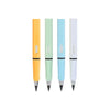 Un set de cinq crayons d'écriture illimités jaunes, vert menthe et blanc.