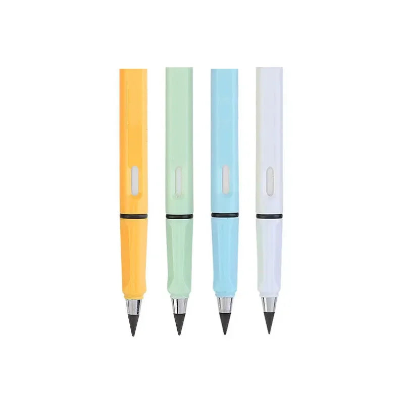 Un set de cinq crayons d'écriture illimités jaunes, vert menthe et blanc.