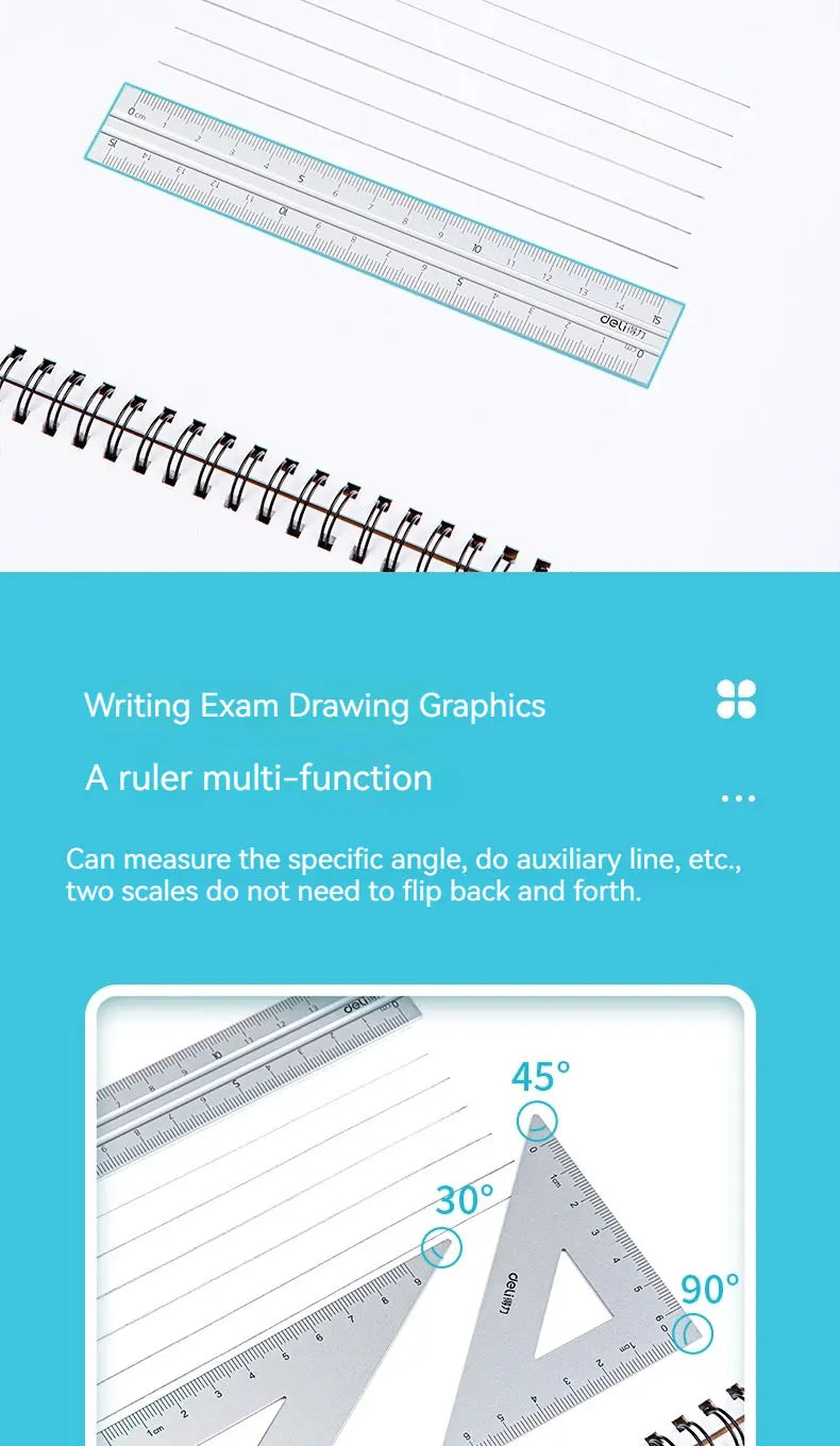 A set of professional aluminum drafting rulers showing various angles including 30, 45, and 90 degrees.