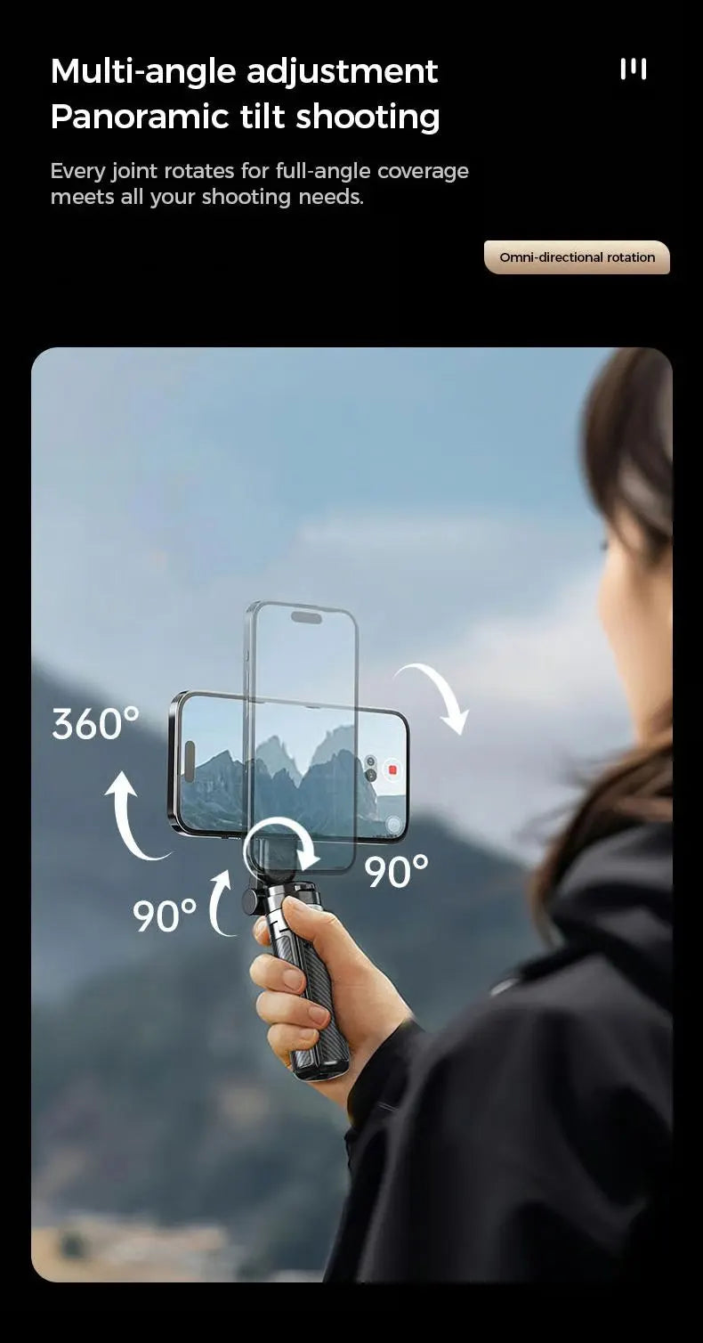 A person holds a magnetic selfie stick with a smartphone attached, demonstrating multi-angle adjustment for shooting.
