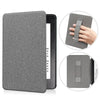 A gray premium leather case for a Kindle Paperwhite device shown in various angles.